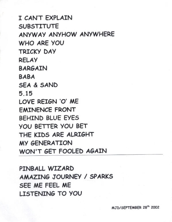 The Who - September 28, 2002 - Air Canada Centre - Toronto, ONT Canada Setlist