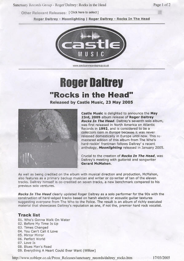Roger Daltrey - Rocks In The Head - 2005 UK Press Kit