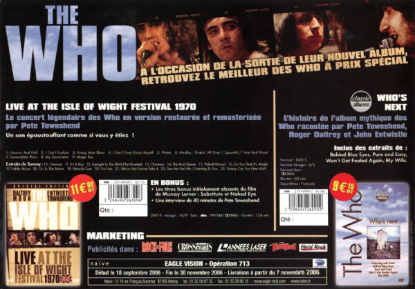 The Who - Tommy DVD / Isle Of Wight DVD / Who's Next DVD - 2006 France Press Kit