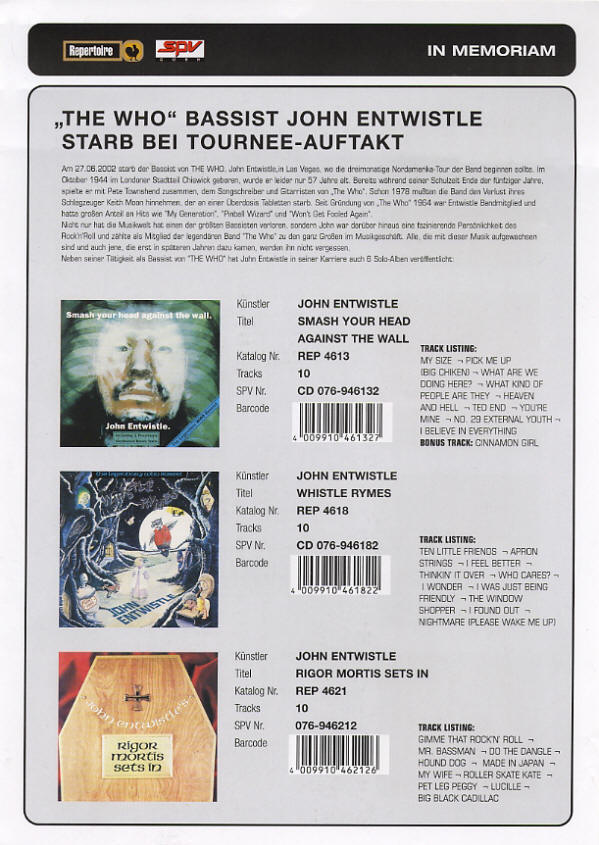 John Entwistle - Repertoire/SPV Catalog - 2006 Germany Press Kit