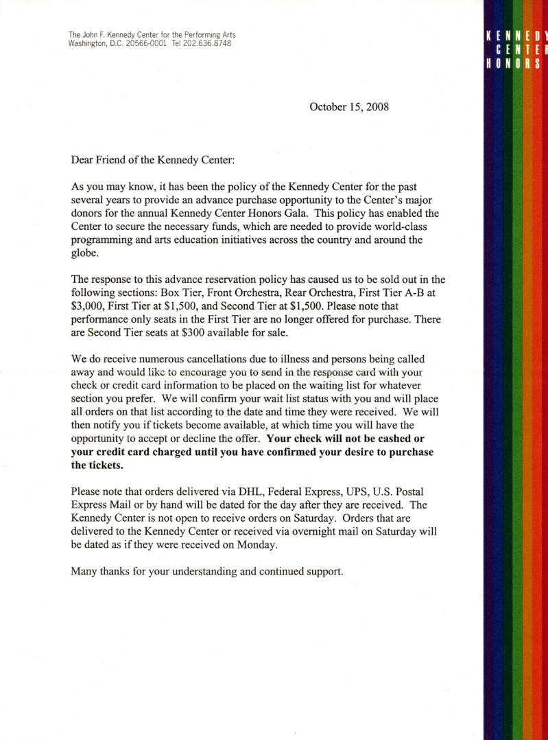The Who - December 7, 2008 - USA - Kennedy Center Honors Invitation