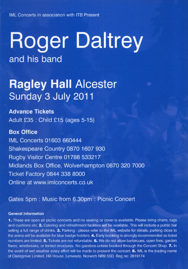 Roger Daltrey - Tommy - Ragley Hall - July 3, 2011 UK Flyer (Cancelled Show)