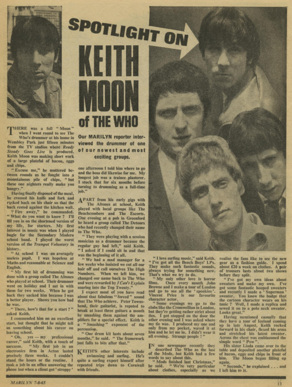Spotlight On Keith Moon Of The Who - Marilyn Magazine - August 7, 1965 - UK