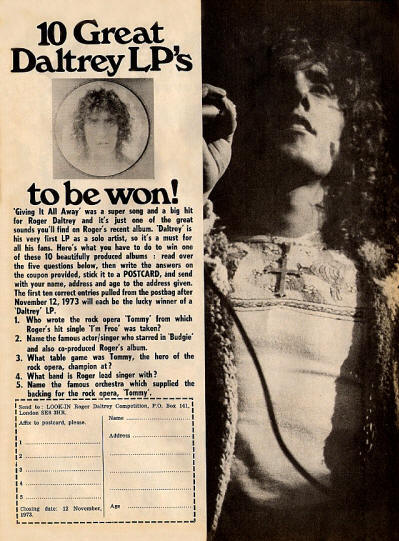 Roger Daltrey Contest - 1973 UK Ad