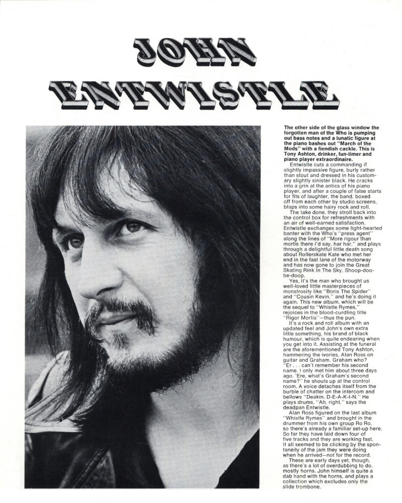 John Entwistle - Rigor Mortis - 1973 USA Press Kit