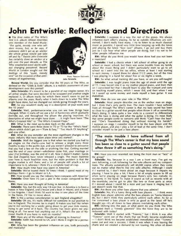 John Entwistle - 1974 USA - Press Kit