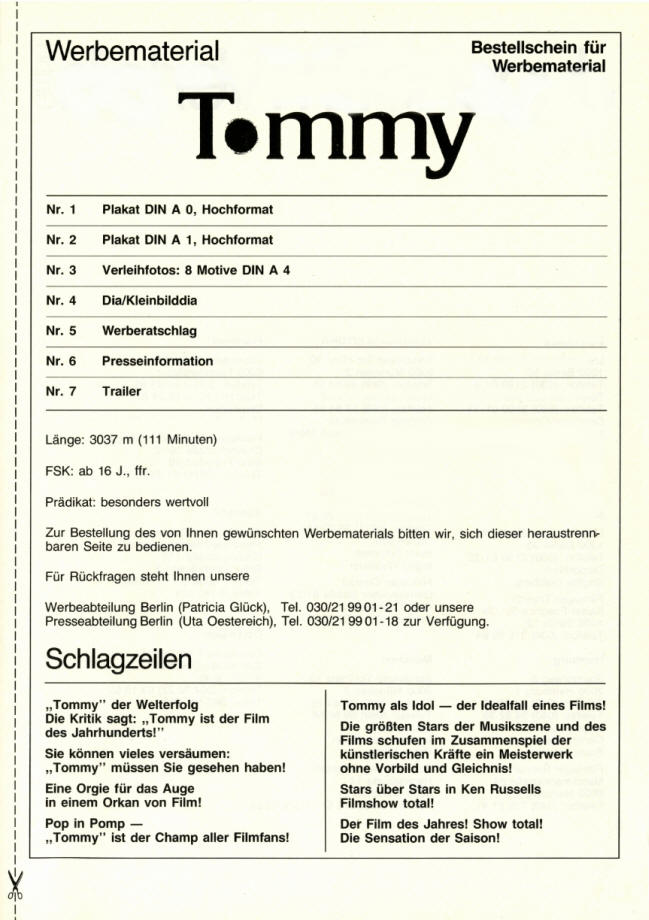 The Who - Tommy - 1975 Germany Press Kit