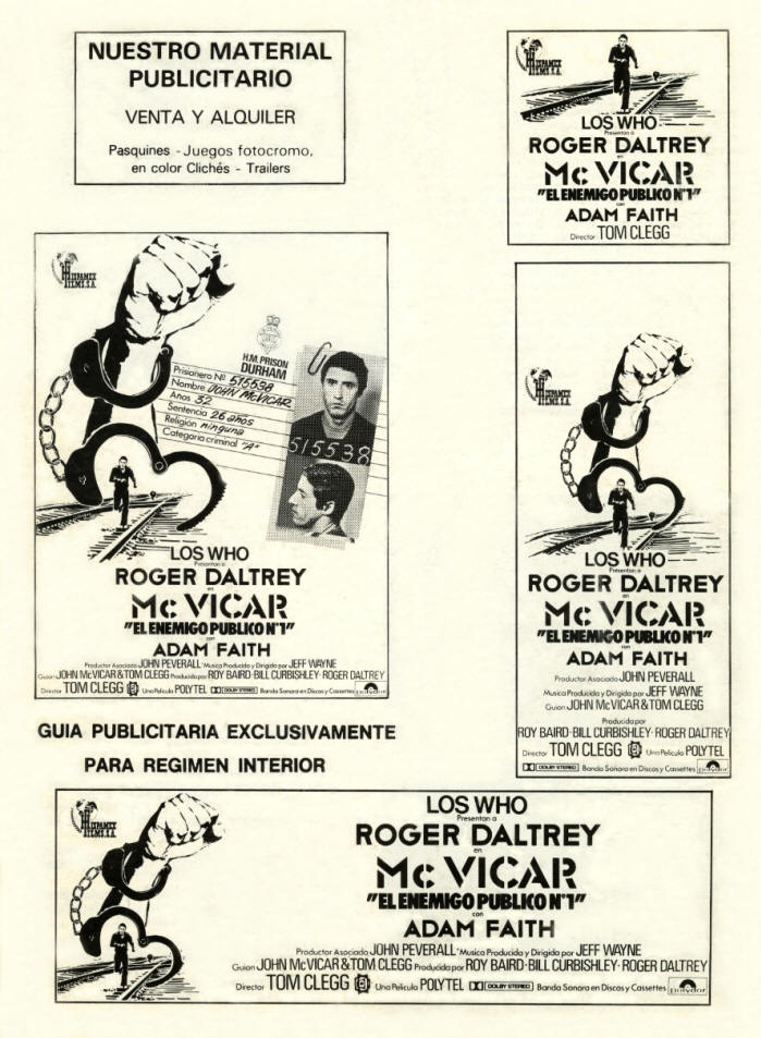 Roger Daltrey - McVicar - 1980 Spain Press Kit