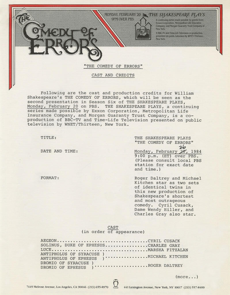 Roger Daltrey -  The Comedy Of Errors - 1984 USA Press Kit 
