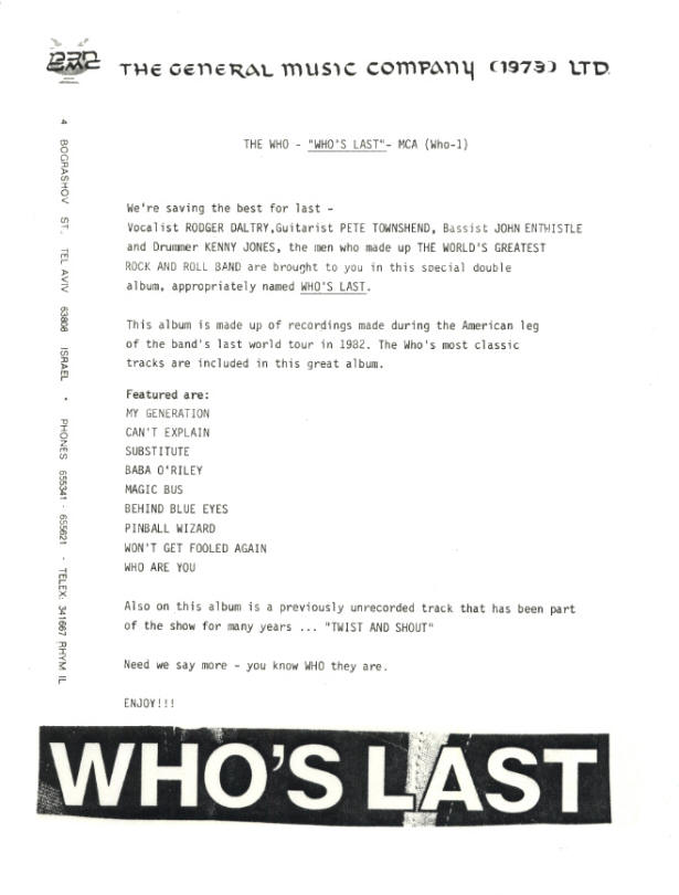 The Who - Who's Last - 1984 Israel Press Kit & Promomotional LP