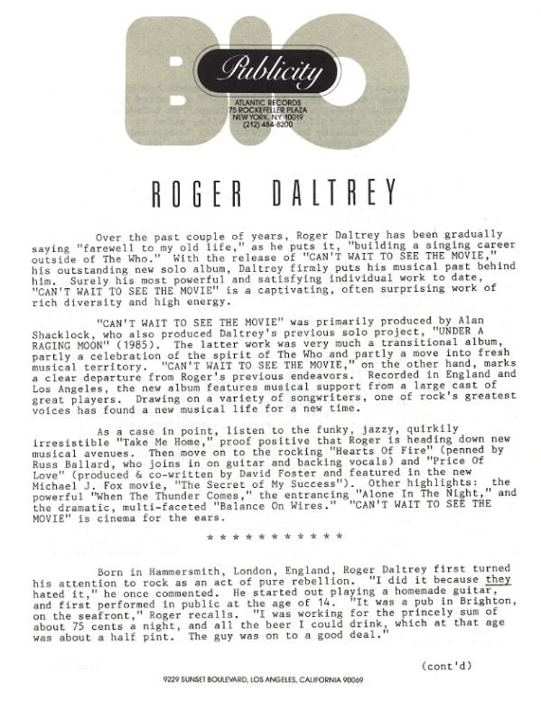 Roger Daltrey - Can't Wait To See The Movie - 1987 USA Press Kit