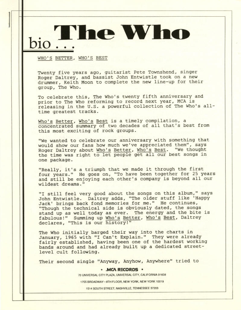 The Who - Who's Better, Who's Best - 1988 USA Press Kit