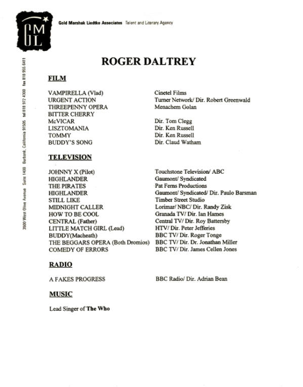 Roger Daltrey - 1991 USA Press Kit