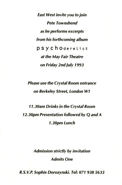 Pete Townshend - Psychoderelict Invitation - 1993 UK