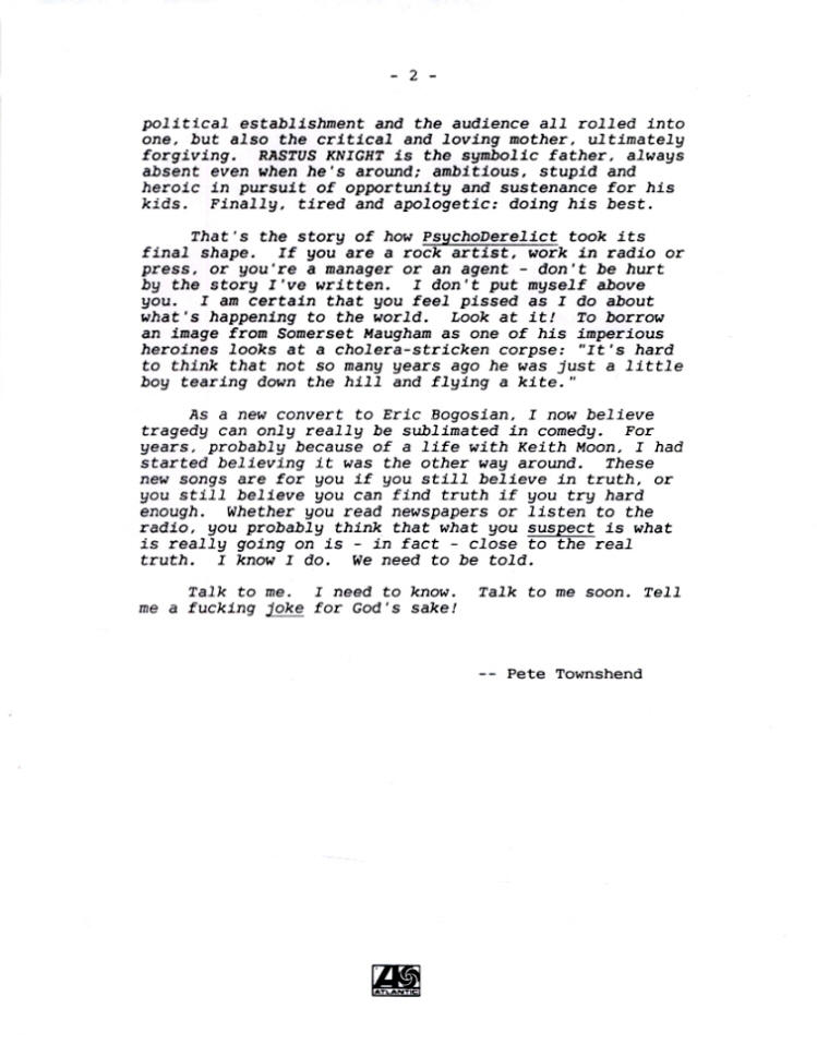 Pete Townshend - Psychoderelict - 1993 USA Press Kit