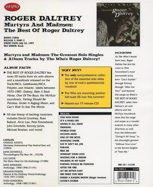 Roger Daltrey - Martyrs And Madmen - 1997 USA Press Kit