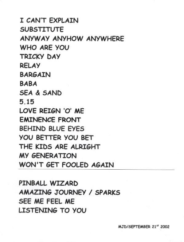 The Who - September 21, 2002 - American Airlines Center - Dallas, TX USA Setlist