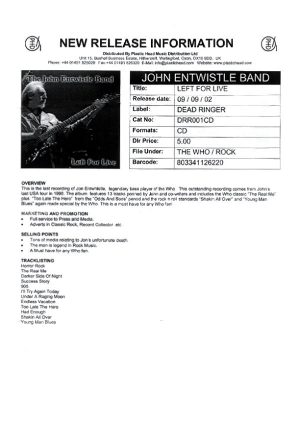 John Entwistle - Left For Live - 2002 UK Press Kit (Dead Ringer Label - Never Released)