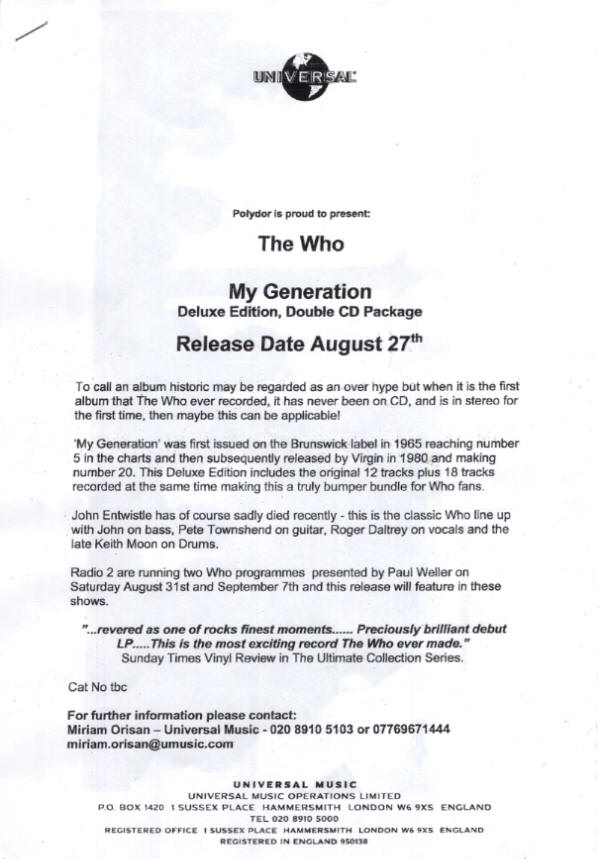 The Who -  My Generation - 2002 UK Press Kit