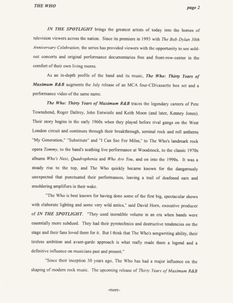 The Who - Thirty Years Of Maximum R&B - 1994 USA Press Kit