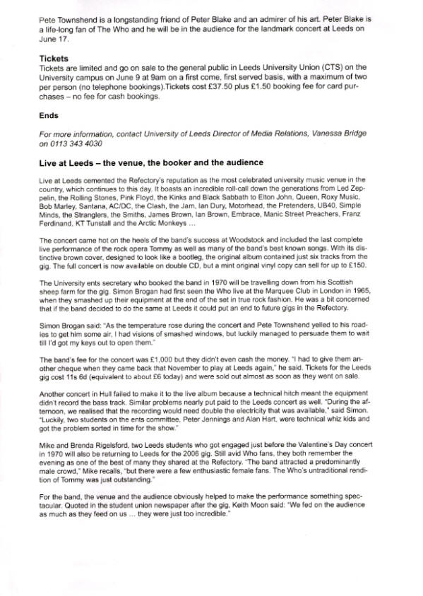 The Who - The Who Live At Leeds - 2006 UK Press Kit