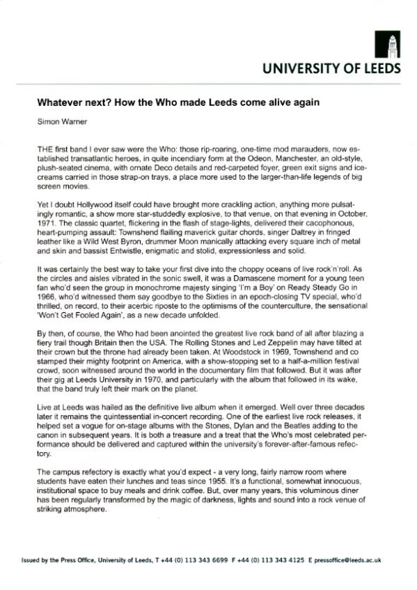 The Who - The Who Live At Leeds - 2006 UK Press Kit