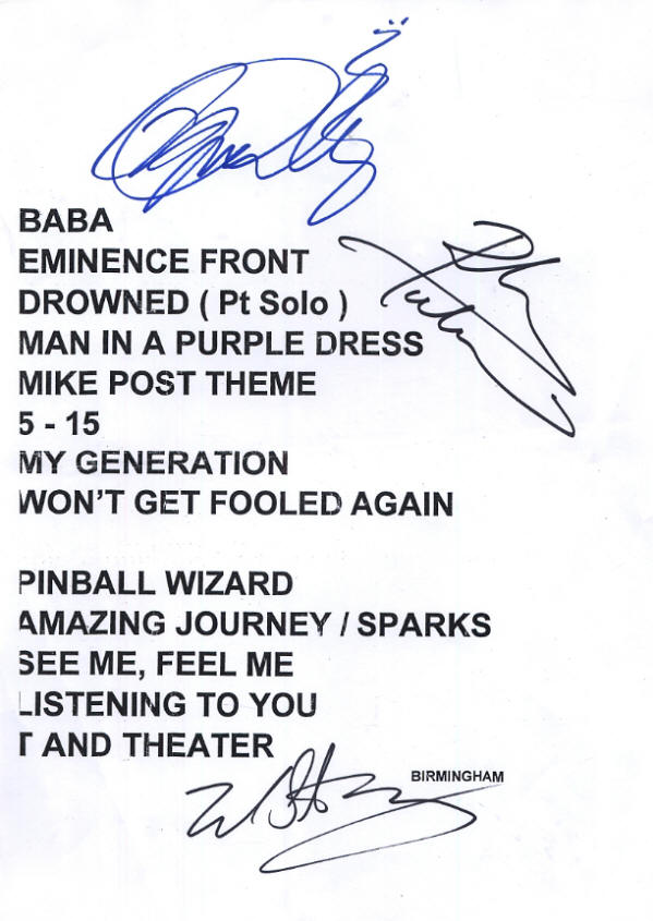 The Who - May 22, 2007 - Birmingham NIA - Birmingham, UK Setlist (Autographed)