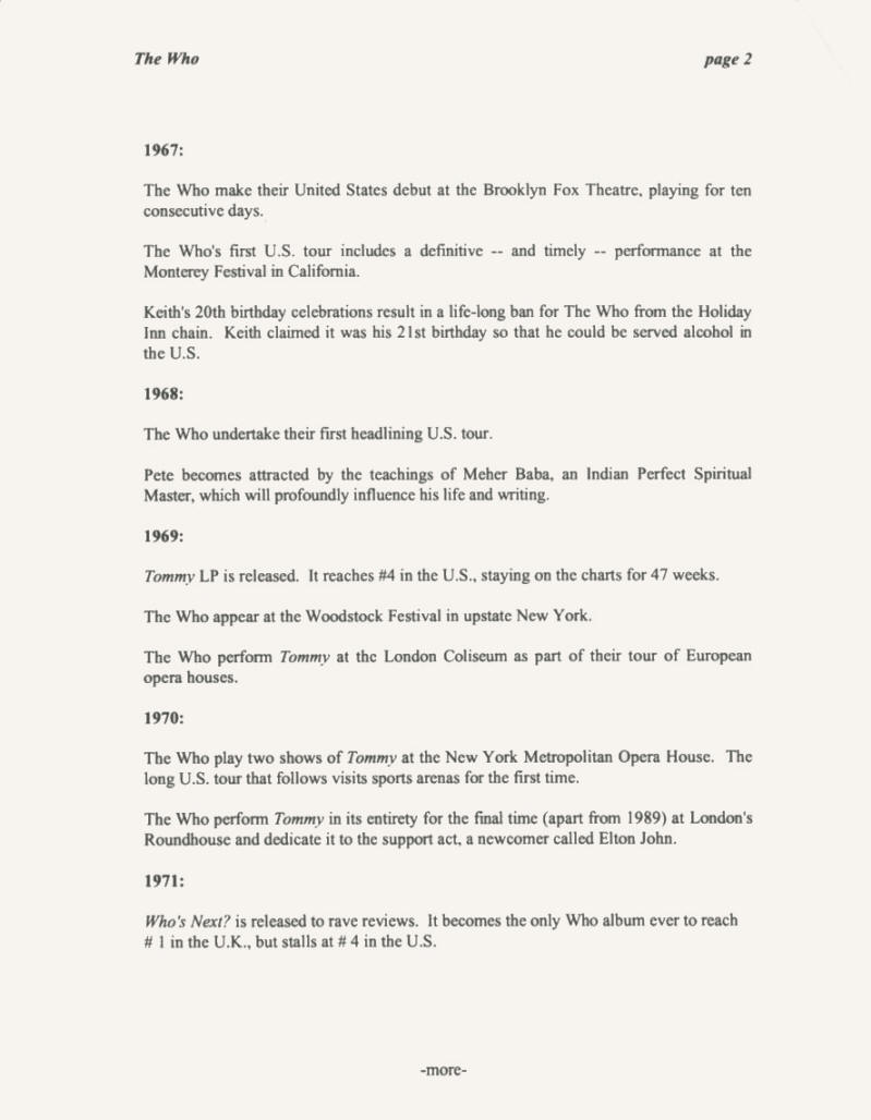 The Who - Thirty Years Of Maximum R&B - 1994 USA Press Kit
