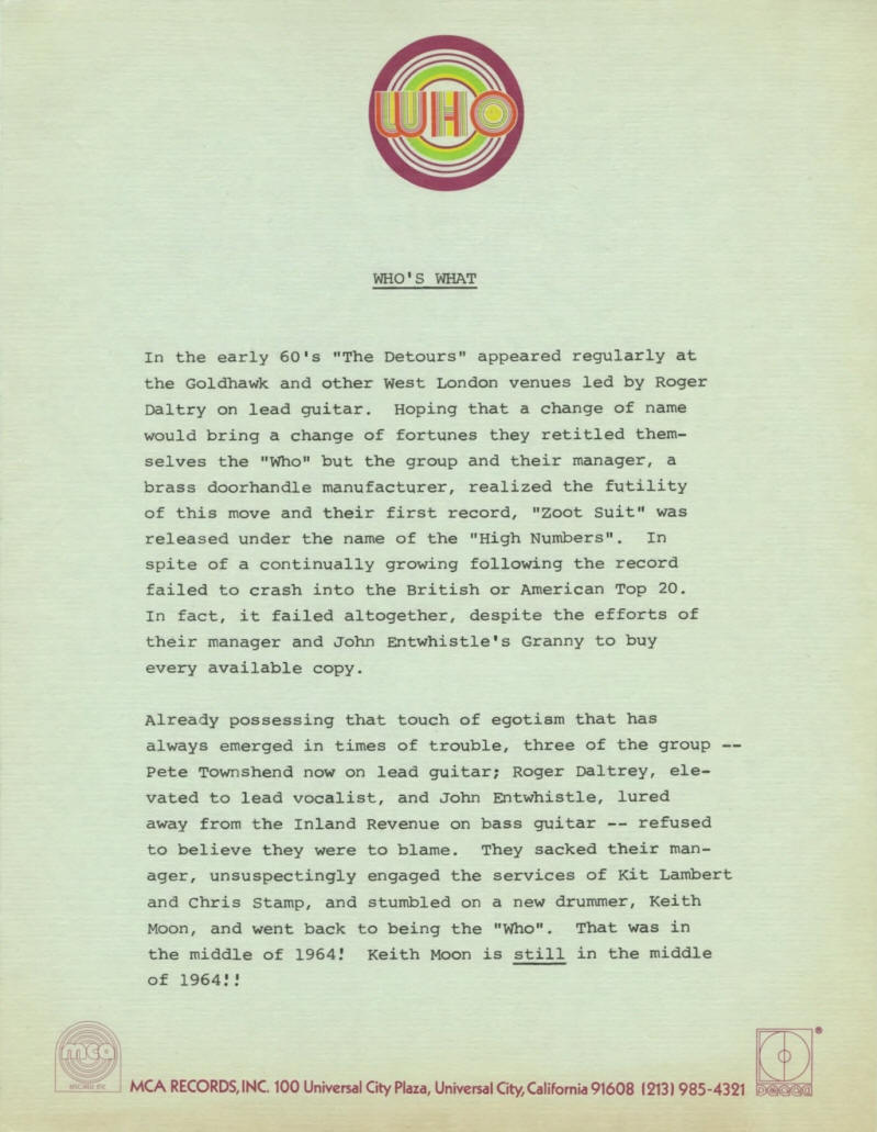 1971 - The Who - USA Press Kit