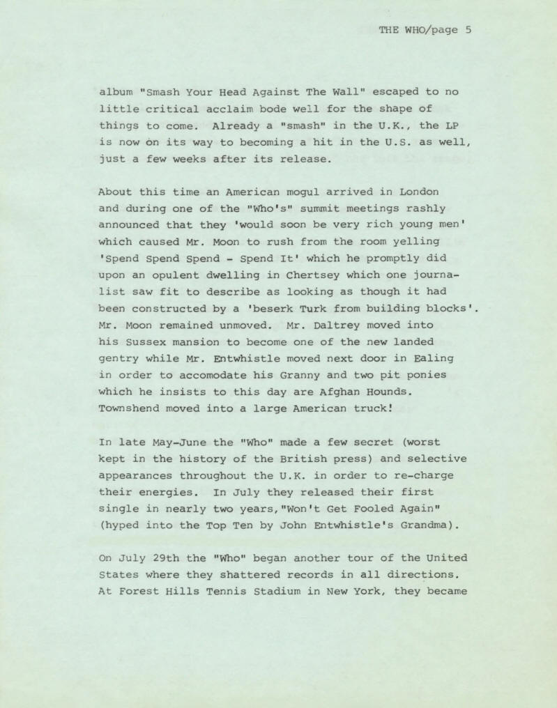 1971 - The Who - USA Press Kit