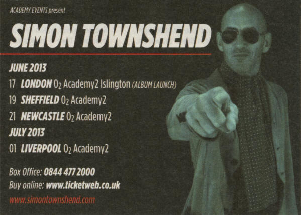 Simon Townshend - Concert Calendar - Junel, 2013 UK