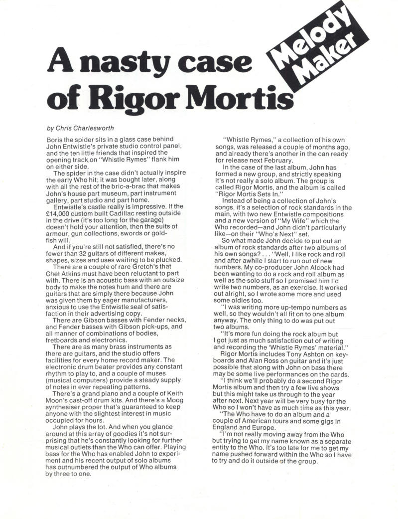 John Entwistle - Rigor Mortis - 1973 USA Press Kit