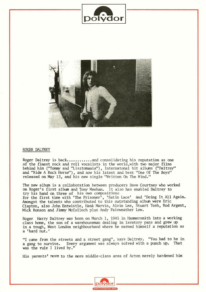 Roger Daltrey - One Of The Boys - 1977 UK - Press Kit