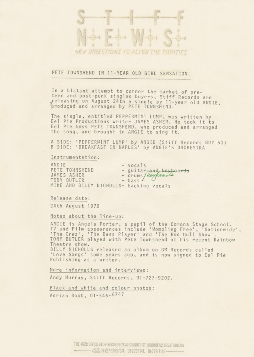 Angie / Pete Townshend - Peppermint Lump - UK - 1979 Press Kit