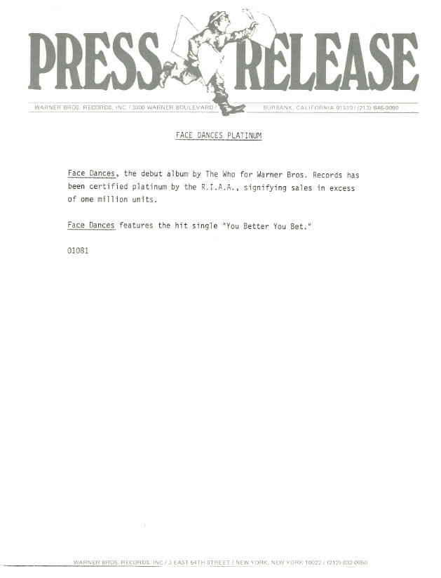 The Who - Face Dances - 1981 Press Kit