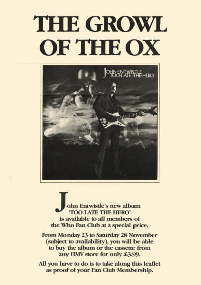 John Entwistle - Too Late The Hero (fan club) - 1981 UK