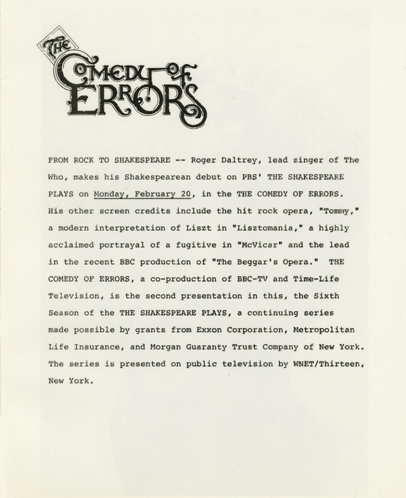 Roger Daltrey -  The Comedy Of Errors - 1984 USA Press Kit 