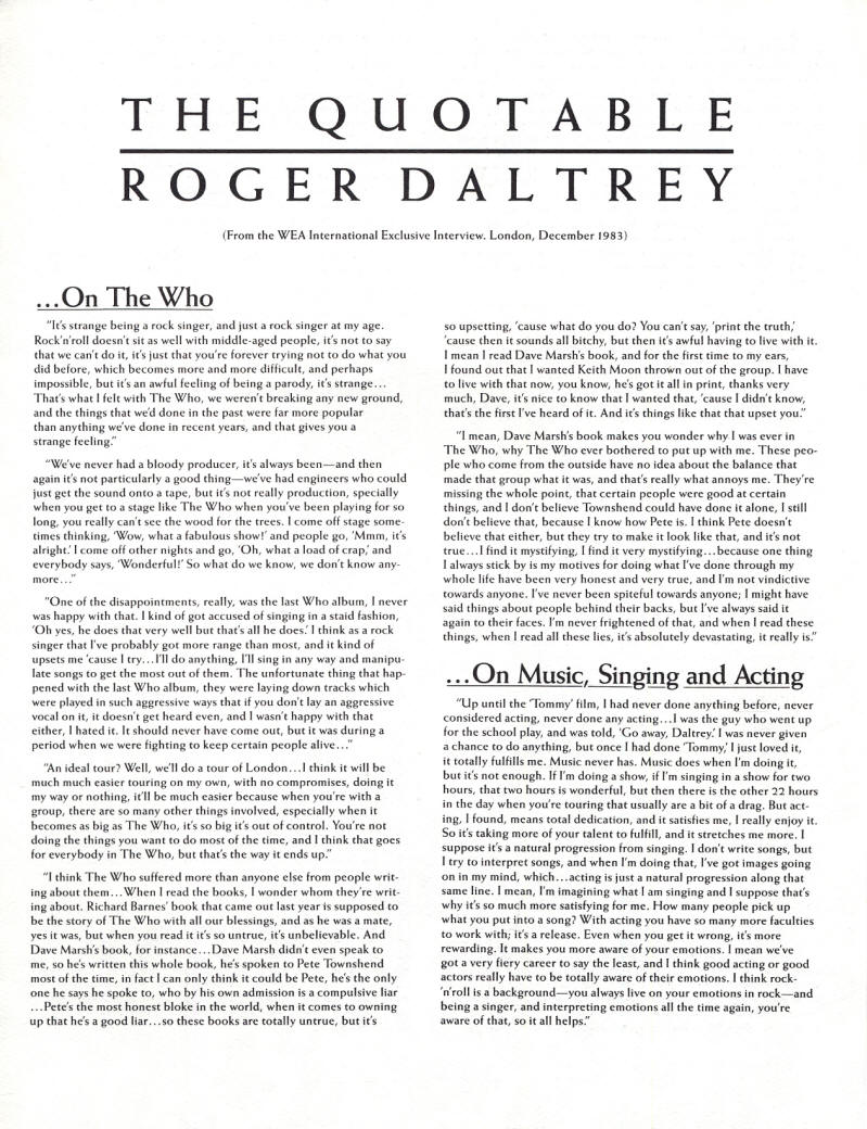 Roger Daltrey - Parting Should Be Painless - 1984 USA Press Kit