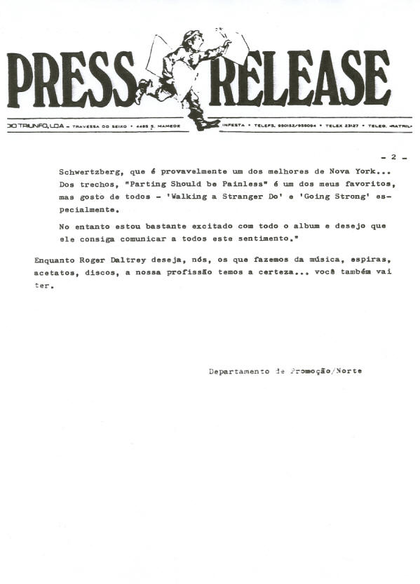 Roger Daltrey -  Parting Should Be Painless - 1984 Portugal Press Kit 
