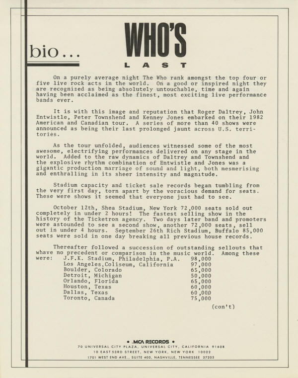 The Who - Who's Last - 1984 USA Press Kit