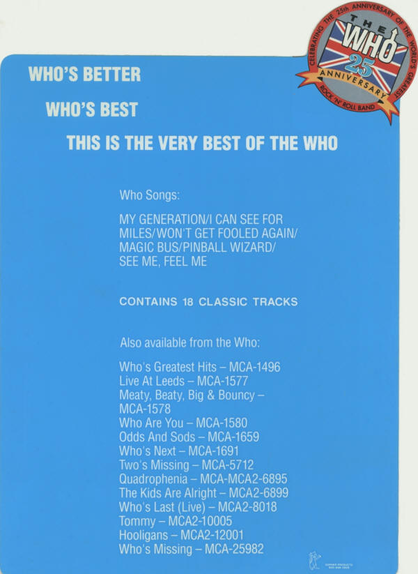 The Who - Who's Better, Who's Best - 1988 USA Record Bin Divider Store Display