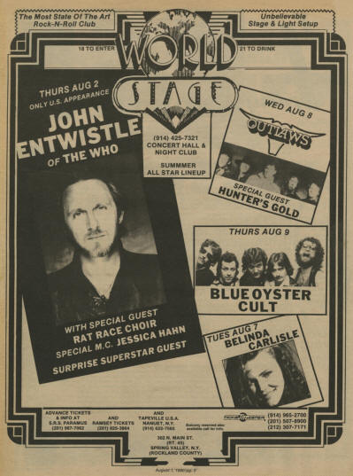 John Entwistle - World Stage - Spring Valley, NY - August 2, 1990 USA Ad