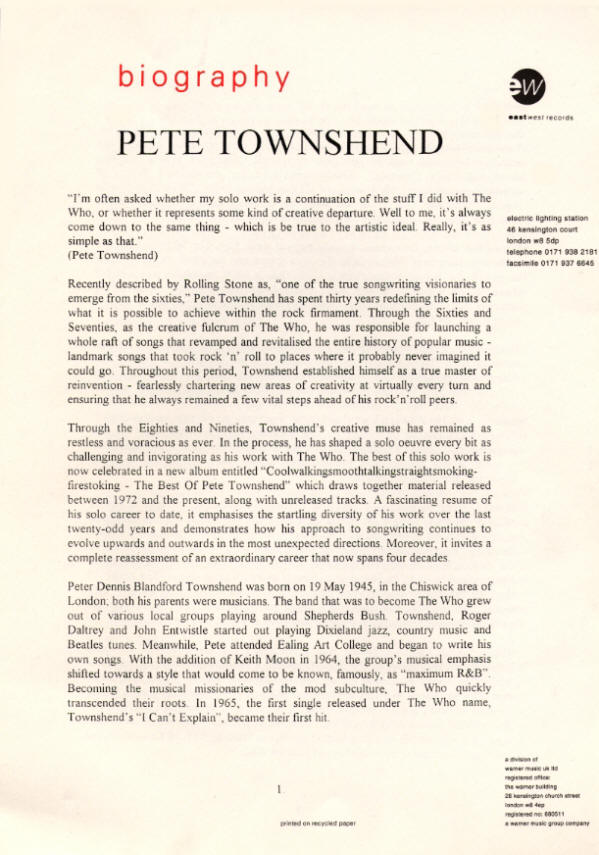 Pete Townshend - The Best Of Pete Townshend - UK - 1996 Press Kit