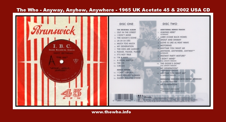 The Who - Anyway, Anyhow, Anywhere - 1965 UK 45 Acetate & My Generation (Deluxe Edition) - 2002 USA CD (First Pressing)