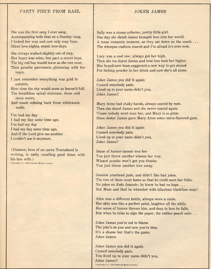 Pete Townshend - Party Piece from Rael & Joke James - 1968 Lyrics