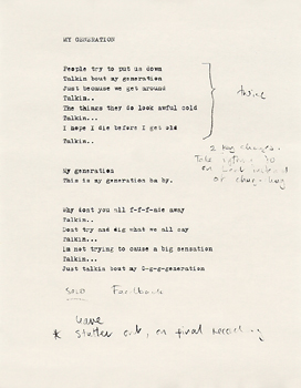 Pete Townshend's typed lyrics for "My Generation"