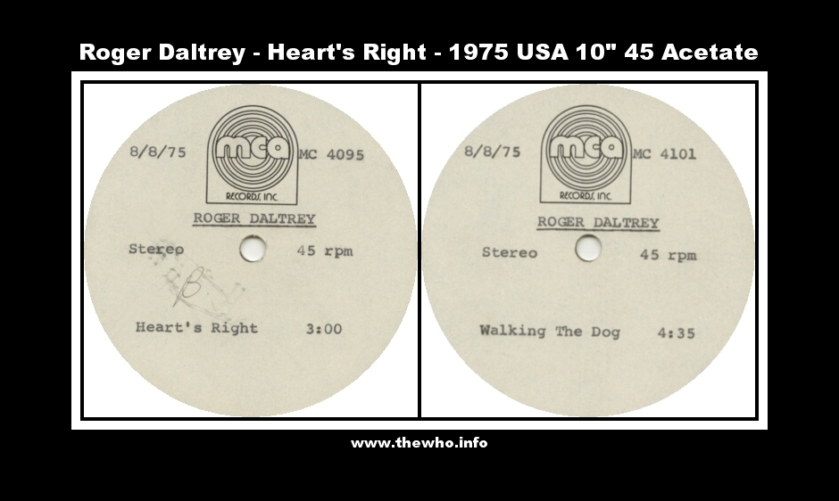 Roger Daltrey - Heart's Right / Walking The Dog - 1975 USA 10" 45 Acetate
