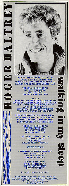 1984 Roger Daltrey Lyrics for "Walking In My Sleep"
